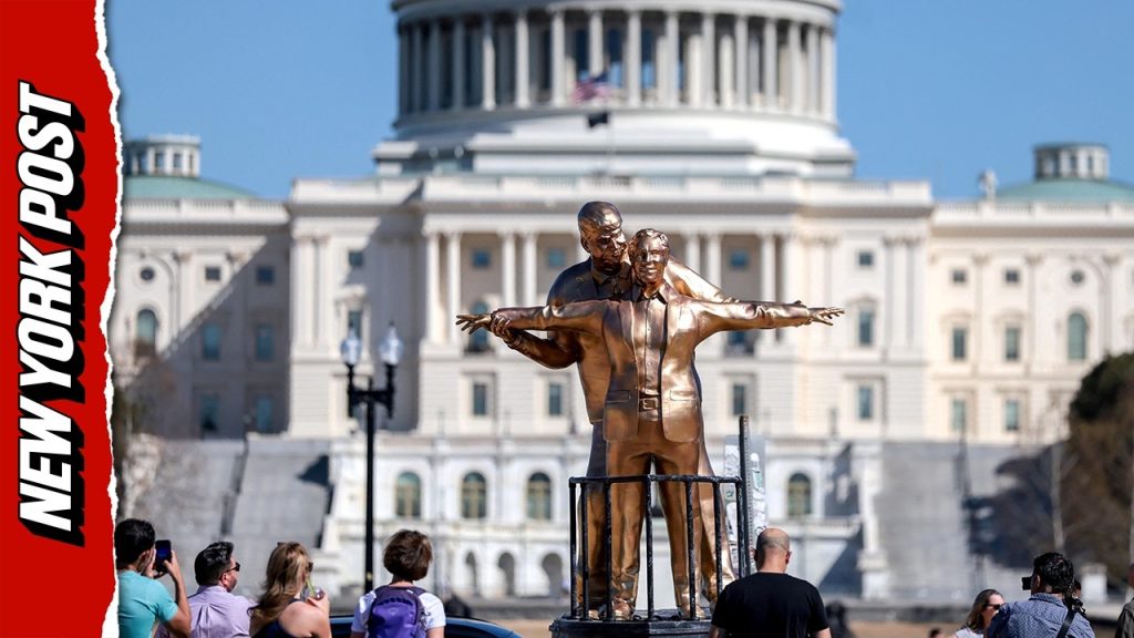 Bizarre Titanic-style statue of Trump and Epstein appears outside US Capitol