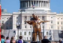 Bizarre Titanic-style statue of Trump and Epstein appears outside US Capitol